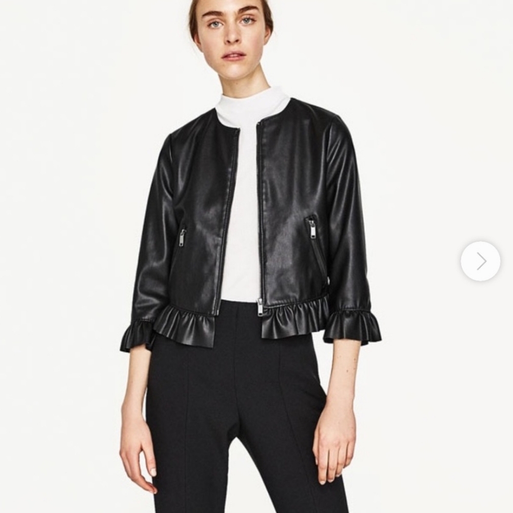 Zara Black Leather Ruffle-Hem Jacket